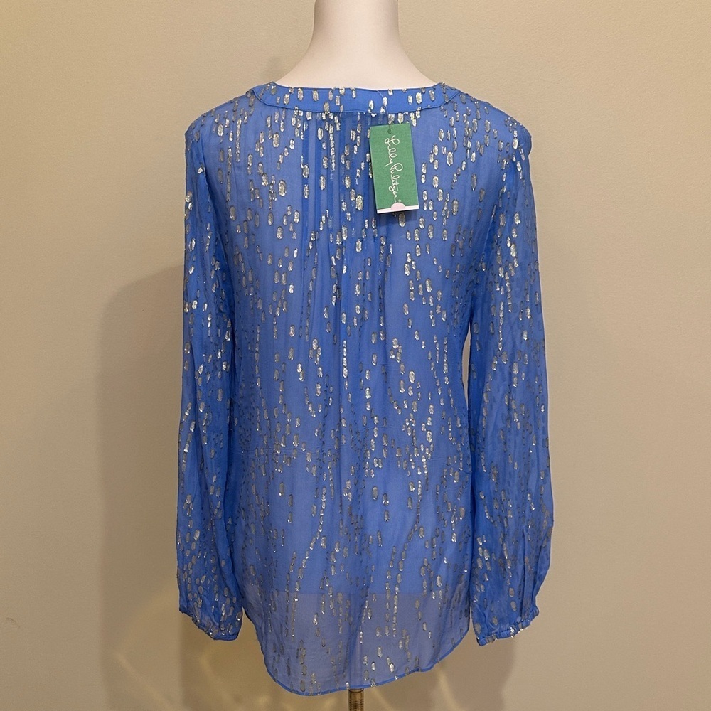 Lilly Pulitzer Blue Gold Metallic Silk Blouse Top- Size M- NWT - Picture 6 of 8